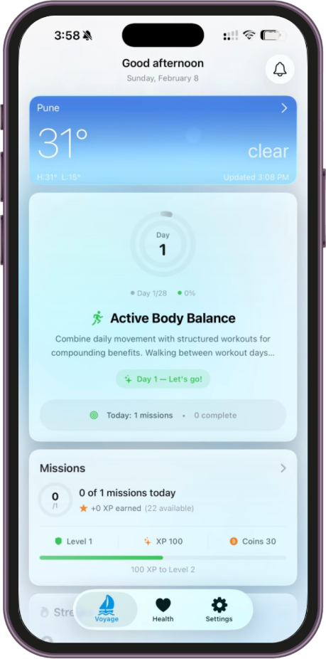WellVoye Voyage tab showing weather, Active Body Balance voyage, and daily missions